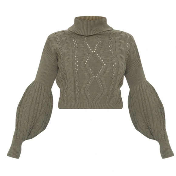 Pretty Little Thing Petite Khaki Roll Neck Crop Turtleneck Sweater Size S - Picture 11 of 13
